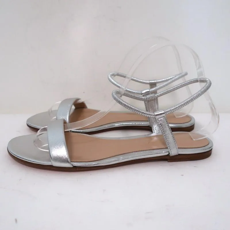 Gianvito Rossi Jaime Ankle Strap Sandals Silver Metallic Leather Size 38.5 NEW
