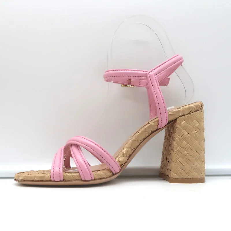 Gianvito Rossi Wicker Sandals Pink Leather Size 36 Ankle Strap Heels NEW