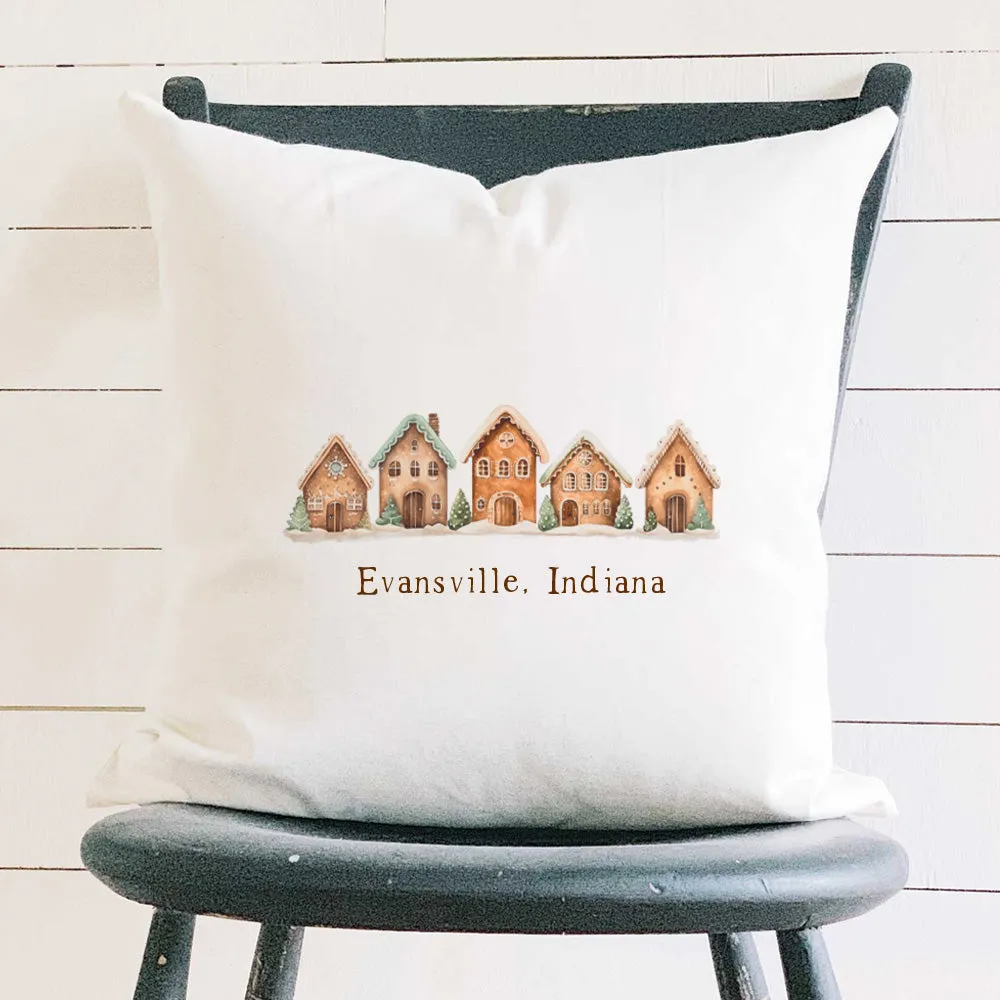 Gingerbread Houses w/ City, State - Square Canvas Pillow