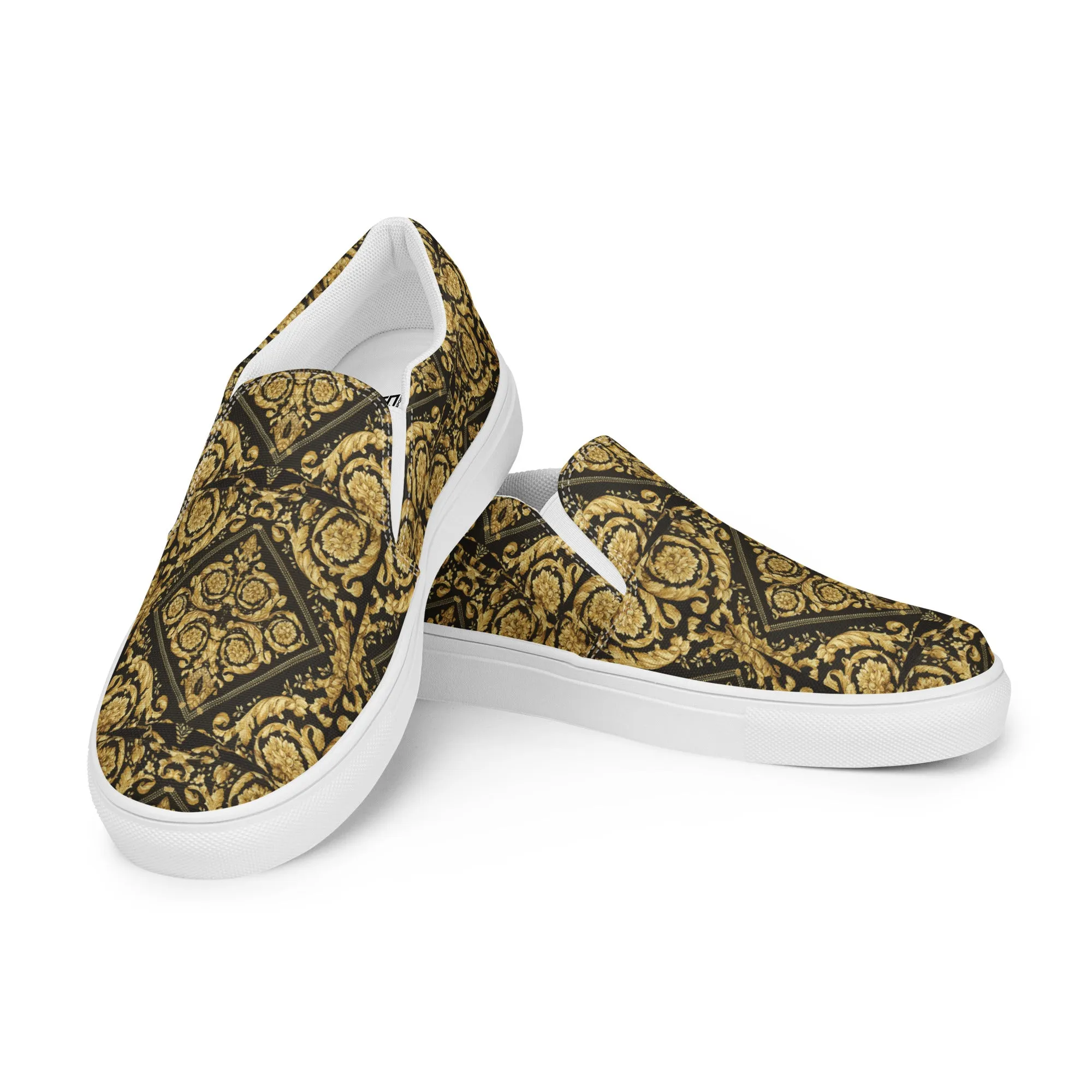 Gold Baroque Scarf Print Men’s slip-on canvas shoes