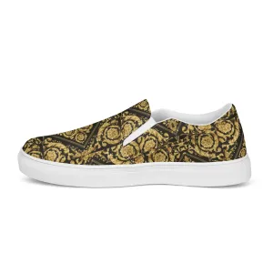 Gold Baroque Scarf Print Men’s slip-on canvas shoes
