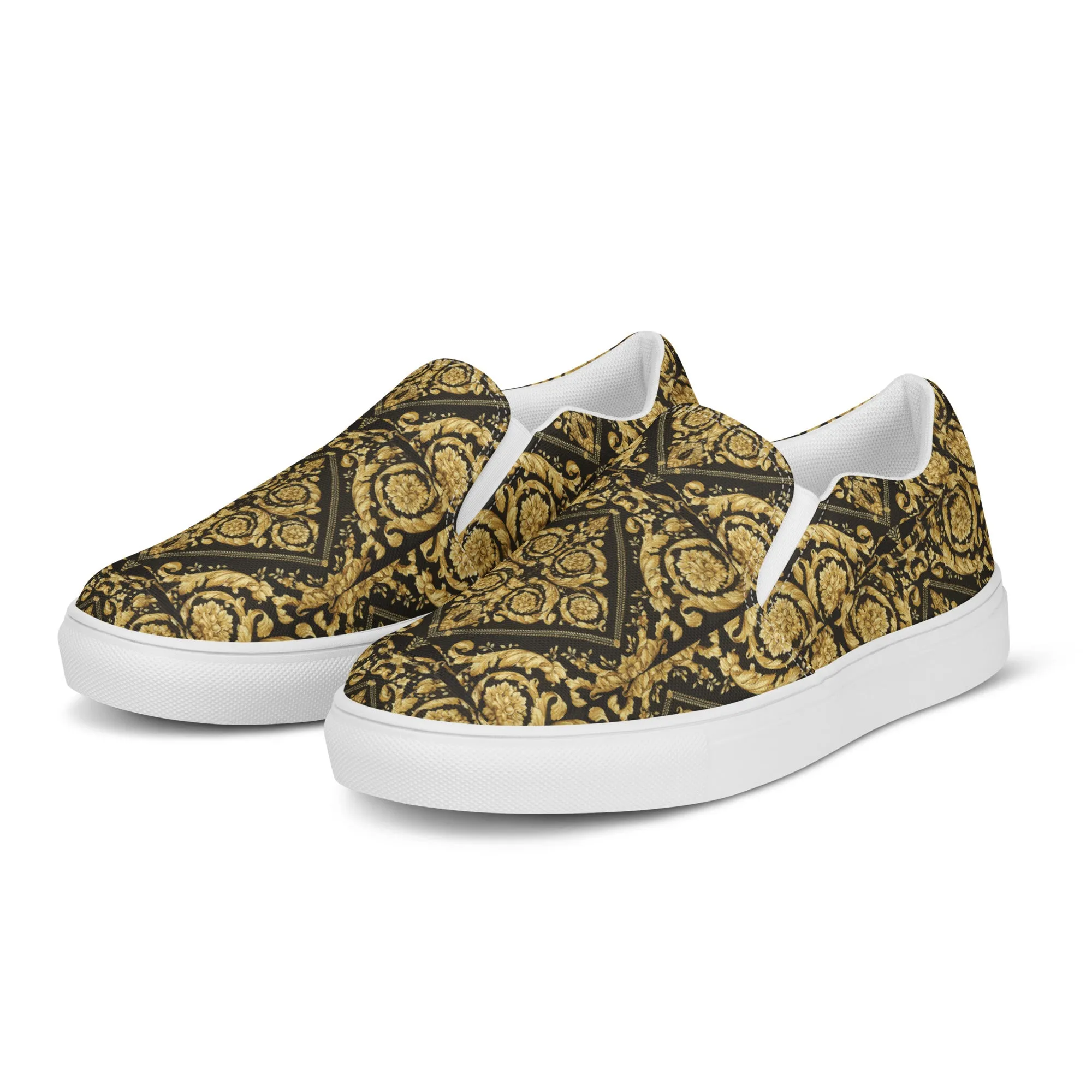 Gold Baroque Scarf Print Men’s slip-on canvas shoes
