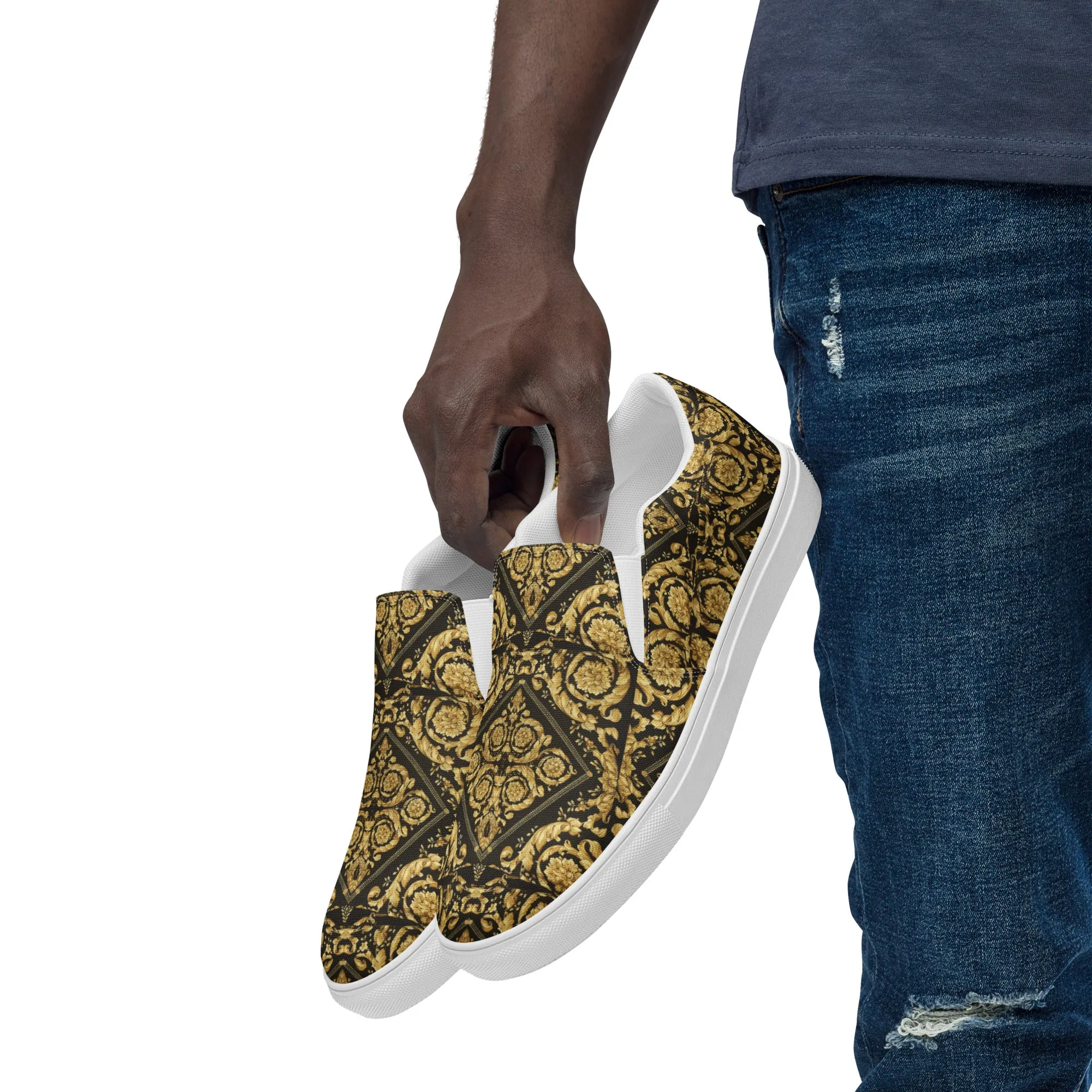 Gold Baroque Scarf Print Men’s slip-on canvas shoes