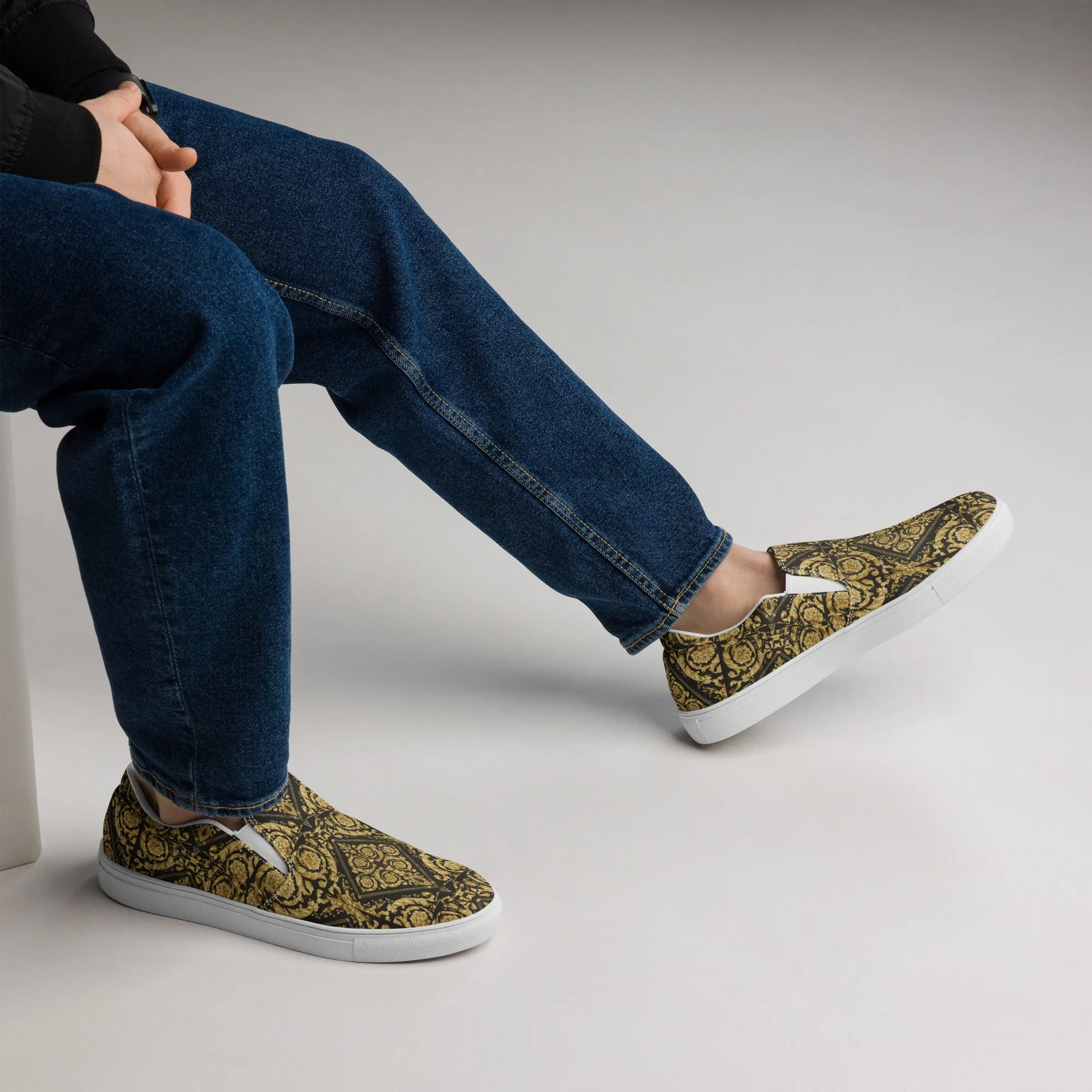 Gold Baroque Scarf Print Men’s slip-on canvas shoes