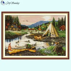 Golden Creek Scenery Pattern Cross Stitch Kit - Stamped Canvas for Handmade Embroidery