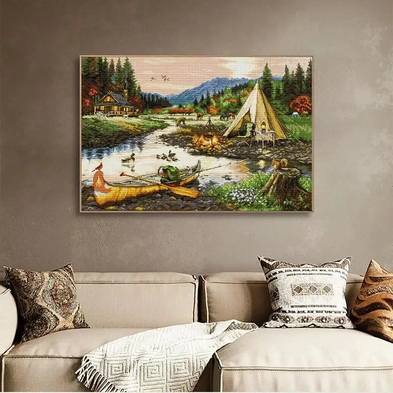 Golden Creek Scenery Pattern Cross Stitch Kit - Stamped Canvas for Handmade Embroidery