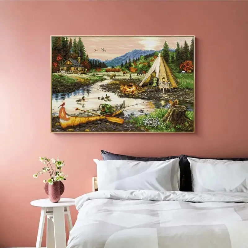 Golden Creek Scenery Pattern Cross Stitch Kit - Stamped Canvas for Handmade Embroidery