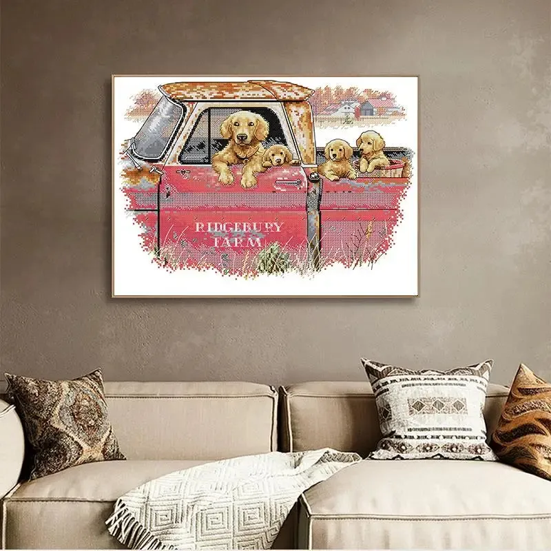 Golden Retriever Dog Family DIY Animal Pattern Cross Stitch Embroidery