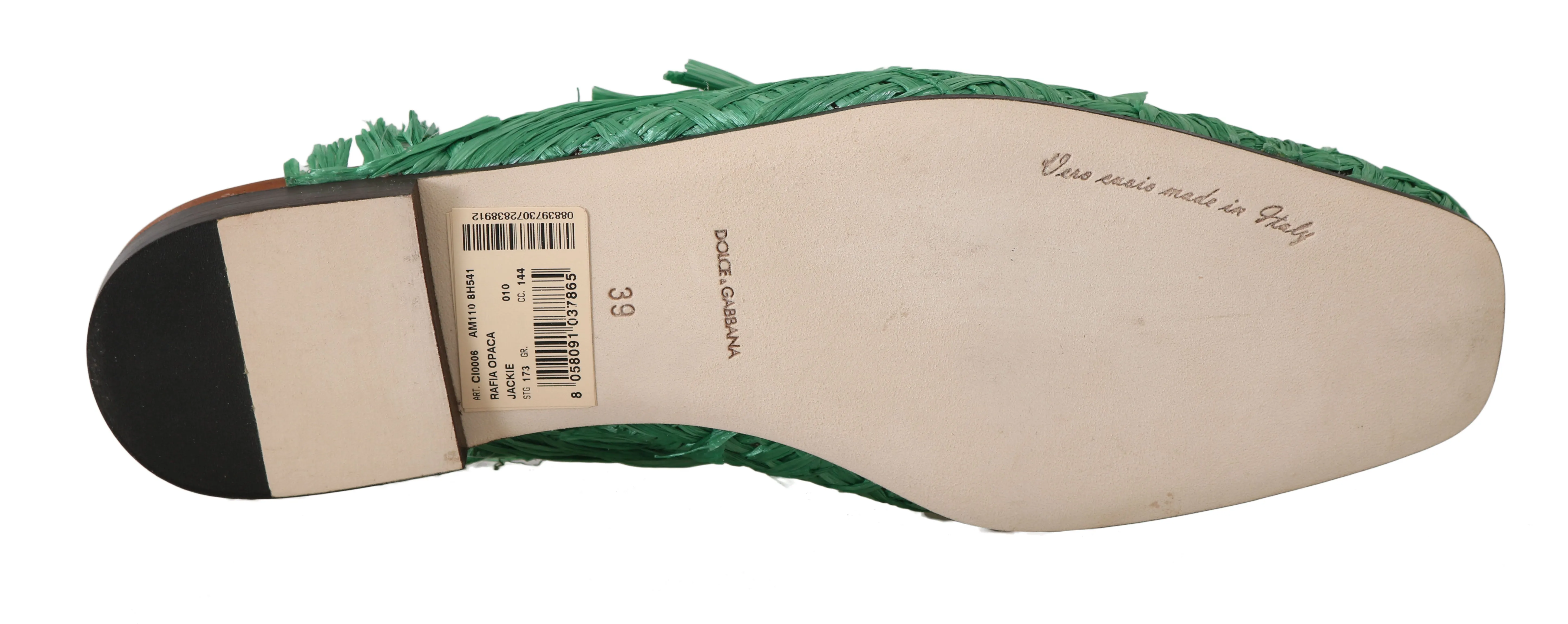 Green Raffia Woven Slip On Slides