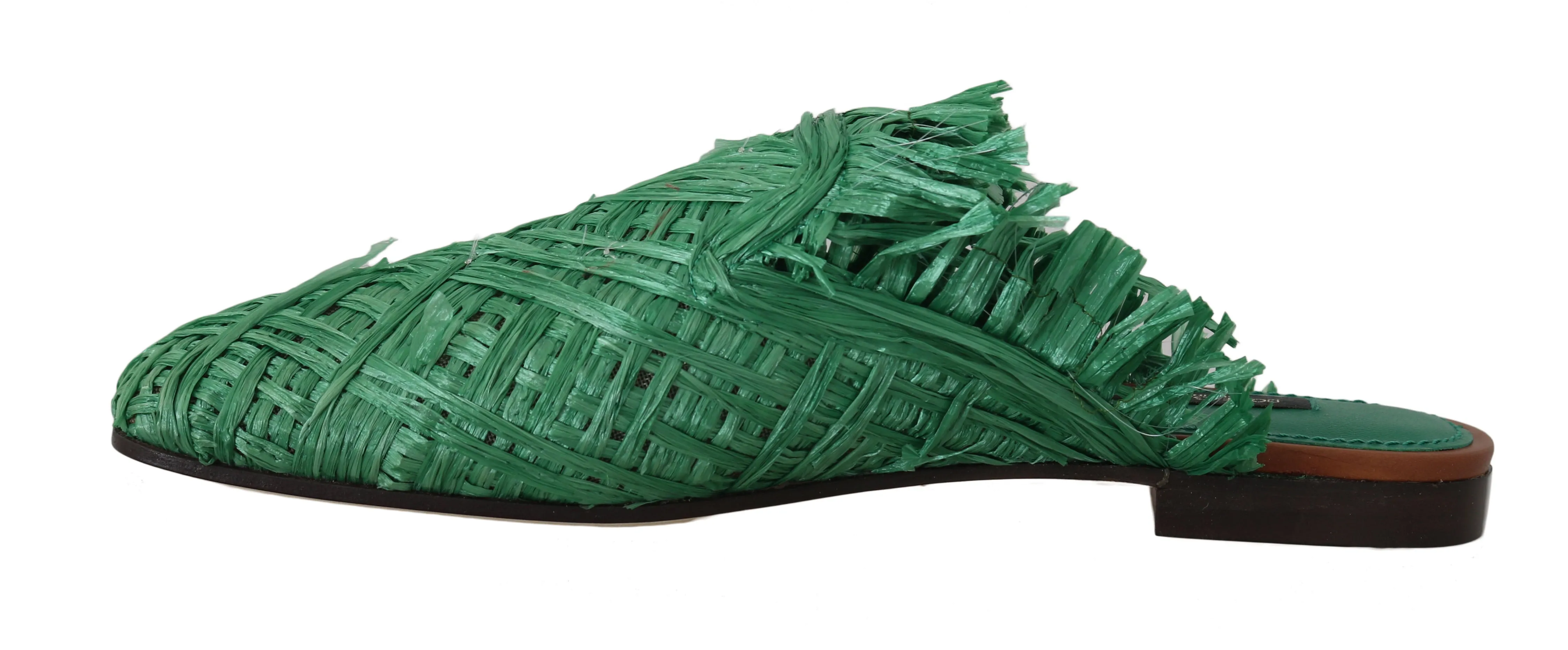 Green Raffia Woven Slip On Slides