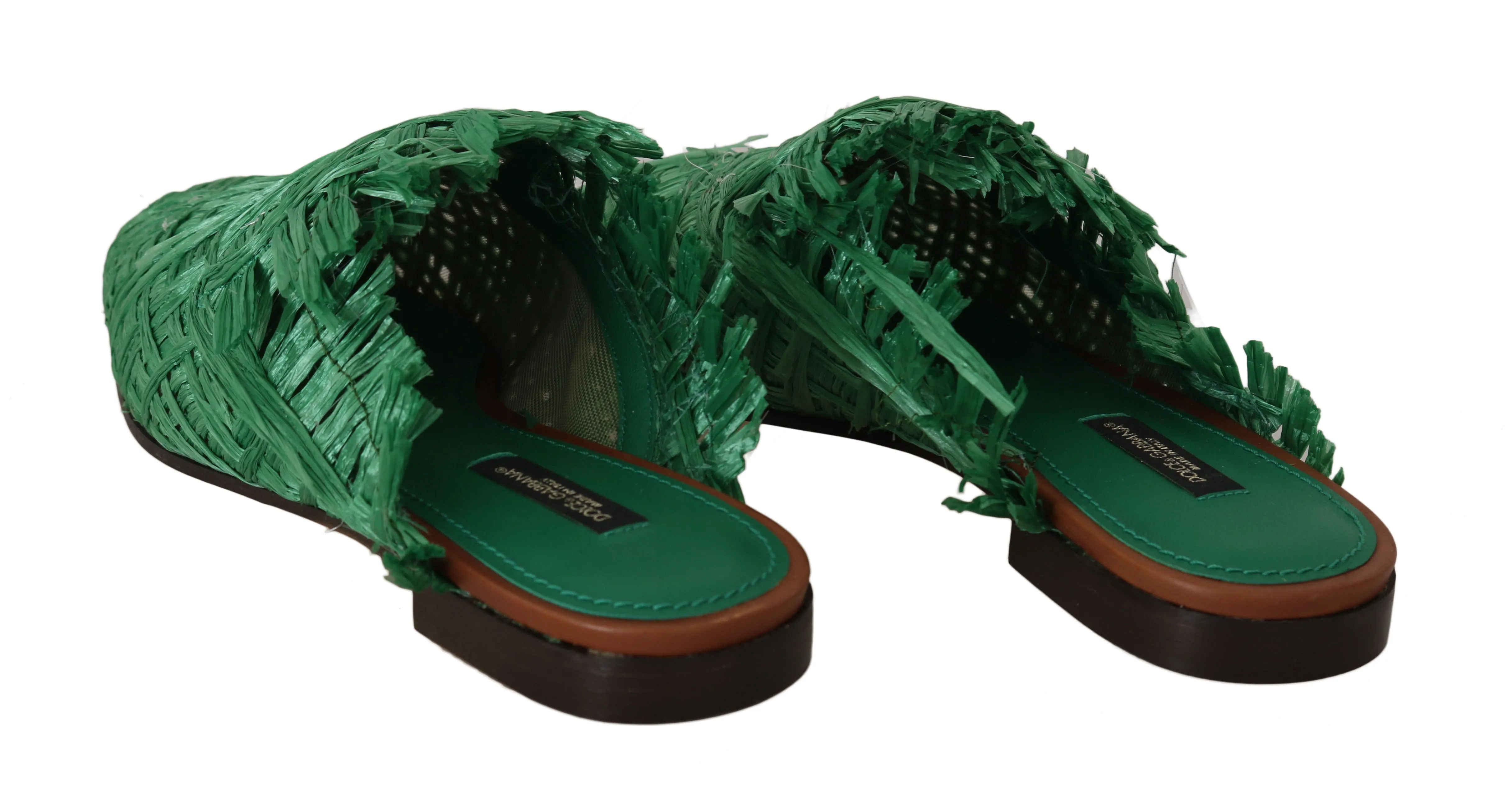 Green Raffia Woven Slip On Slides