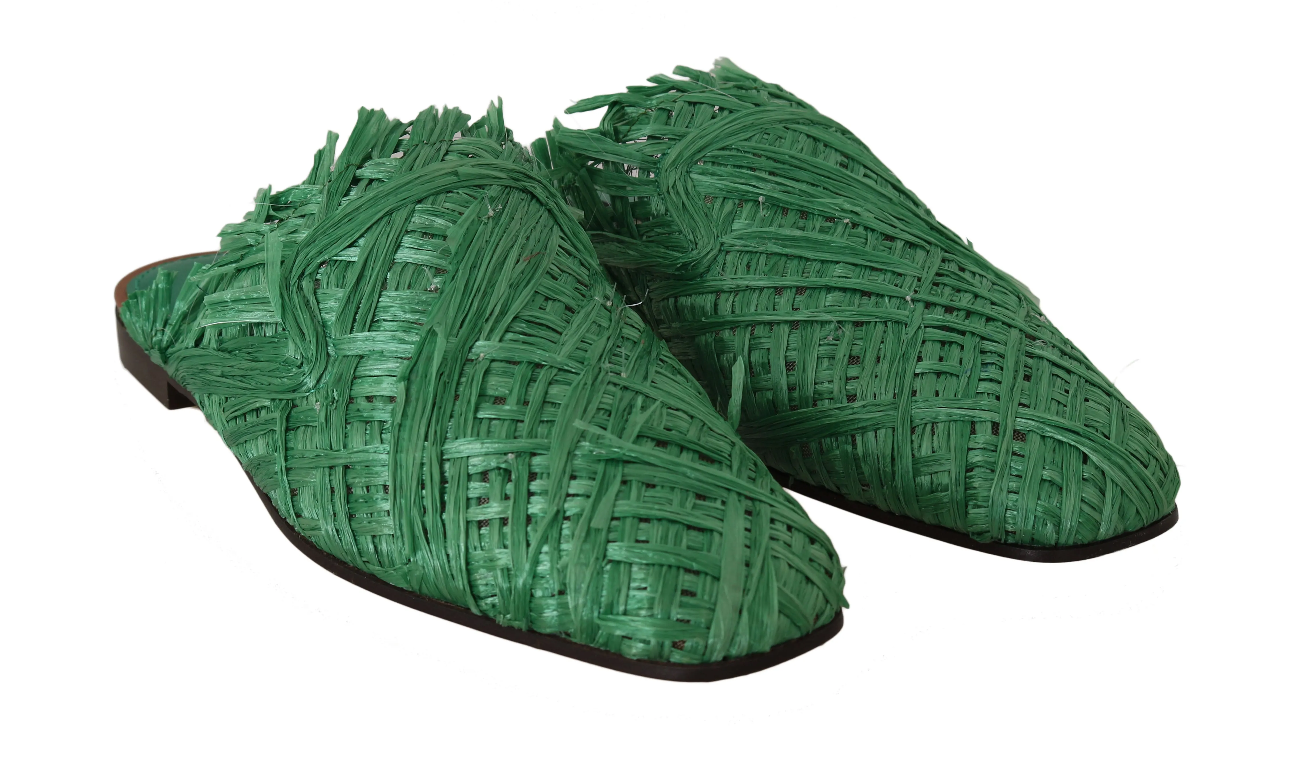 Green Raffia Woven Slip On Slides
