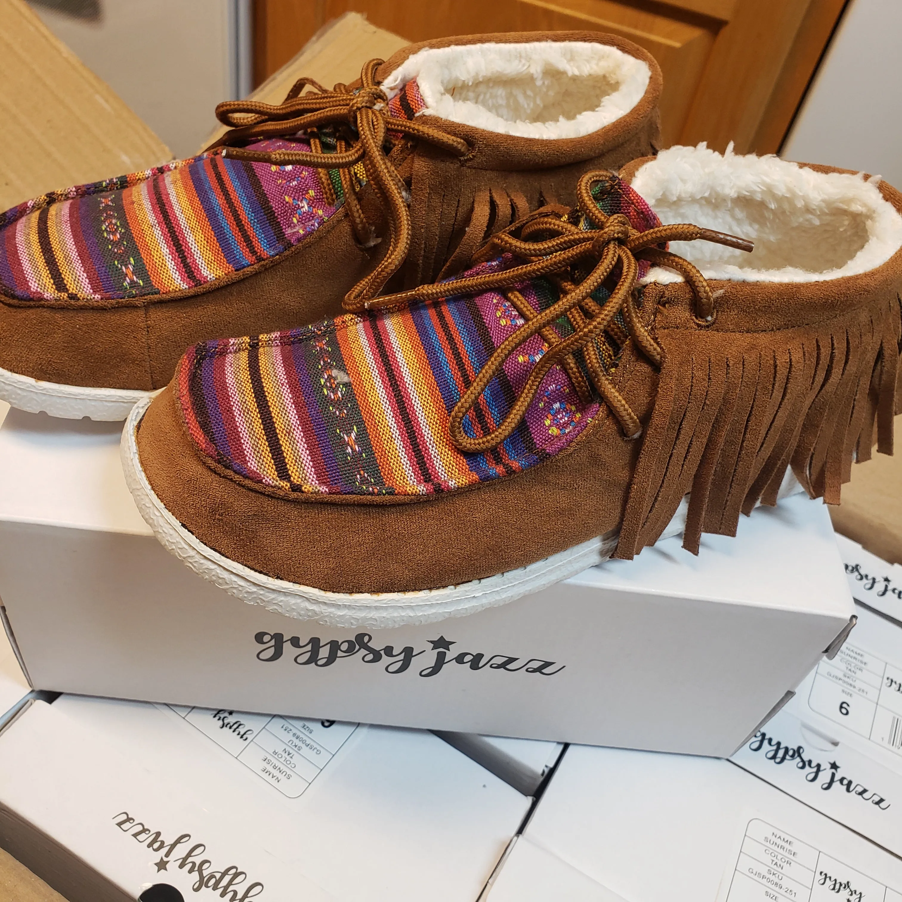 Gypsy Jazz Sunrise Tan Slip On Shoes with Fringe