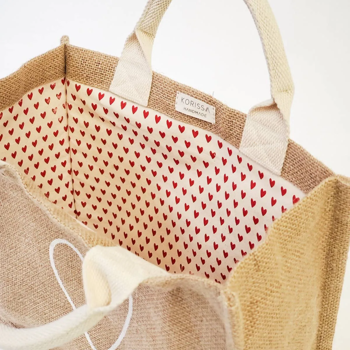 Handmade Burlap Jute Canvas Tote • Gift Bag - Love