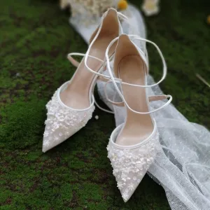 Handmade Girl White Bandage Lady's High Heels Wedding Shoes