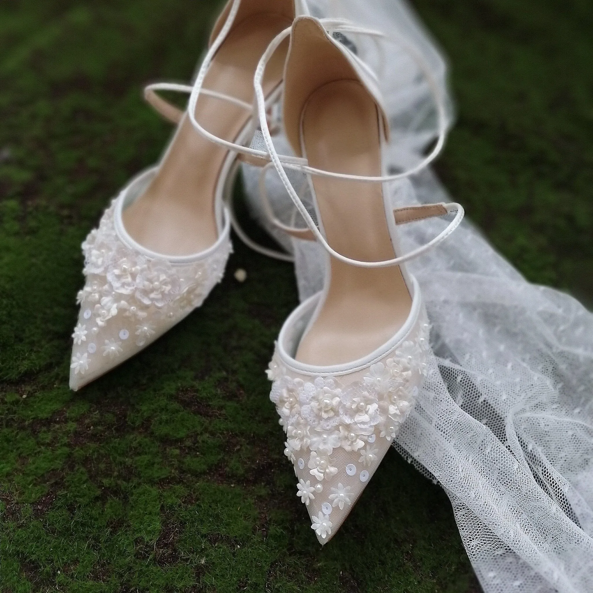 Handmade Girl White Bandage Lady's High Heels Wedding Shoes