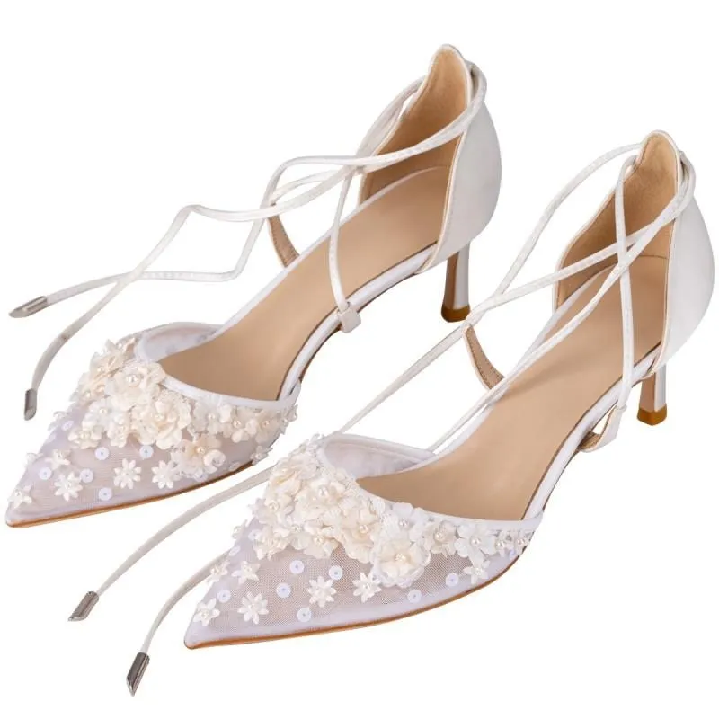 Handmade Girl White Bandage Lady's High Heels Wedding Shoes