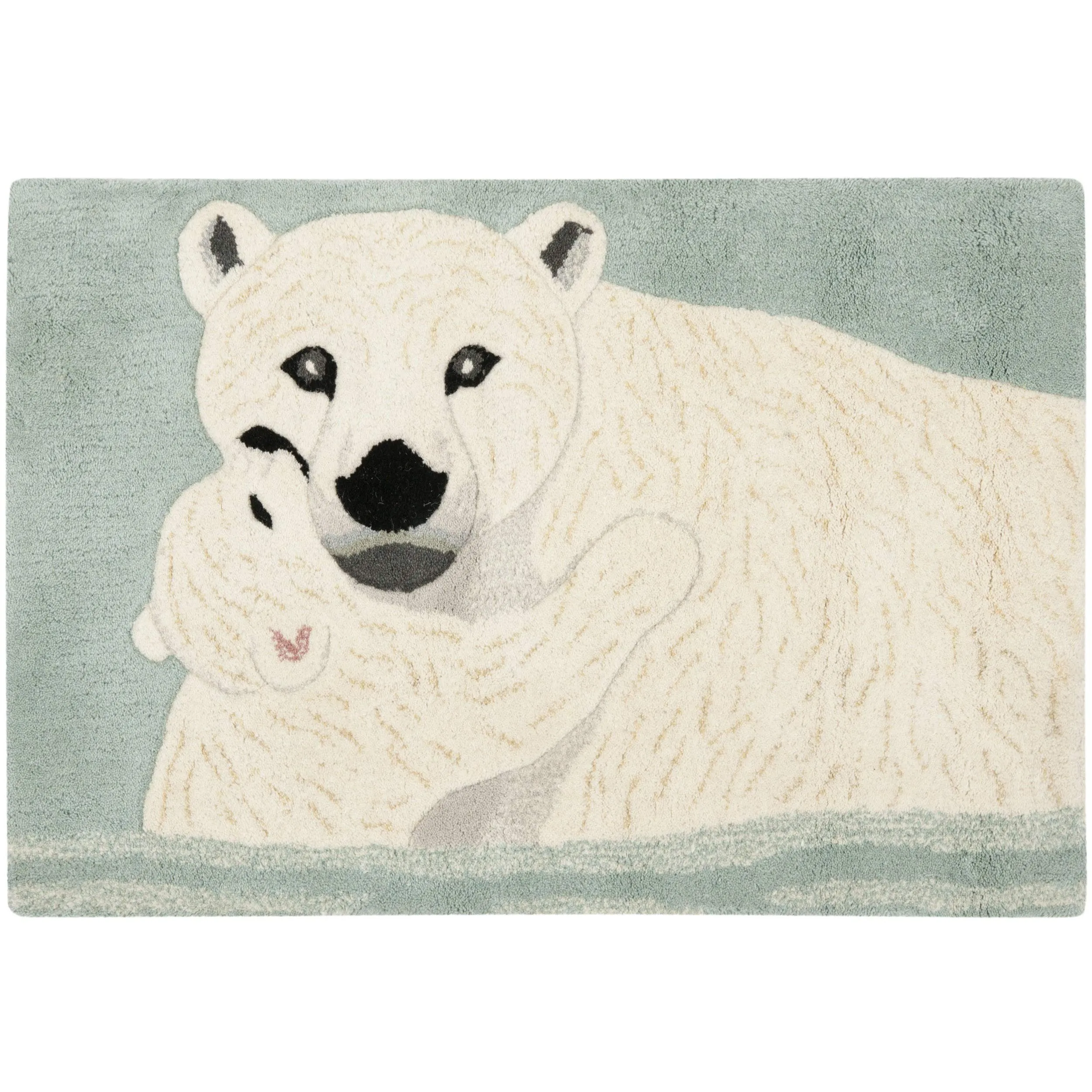 Handmade Wildlife Polar Bear and Cub Wool Rug - 2' X 3' Blue Animal