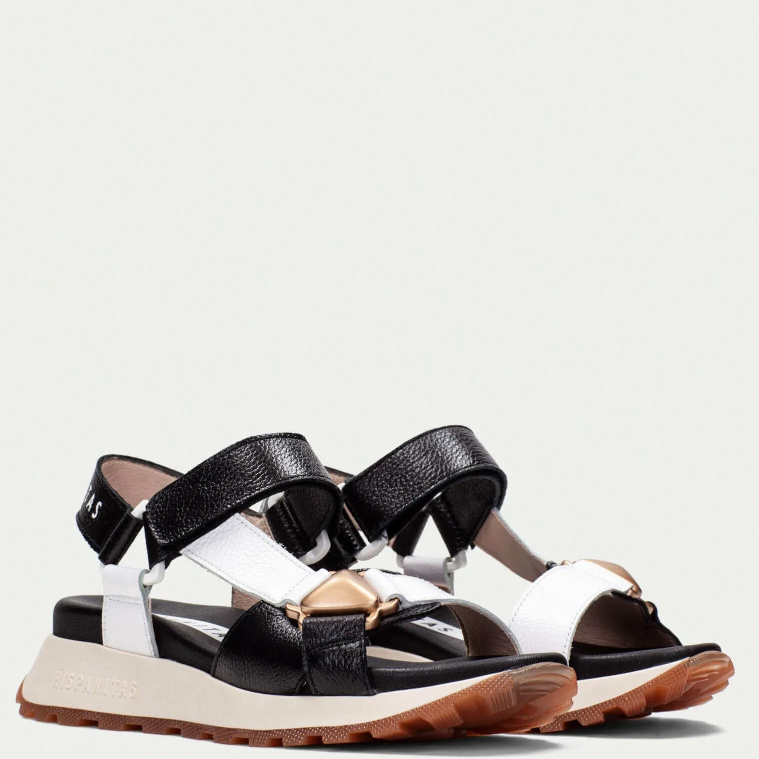 Hispanitas Black & White Leather Velcro Strap Sandals
