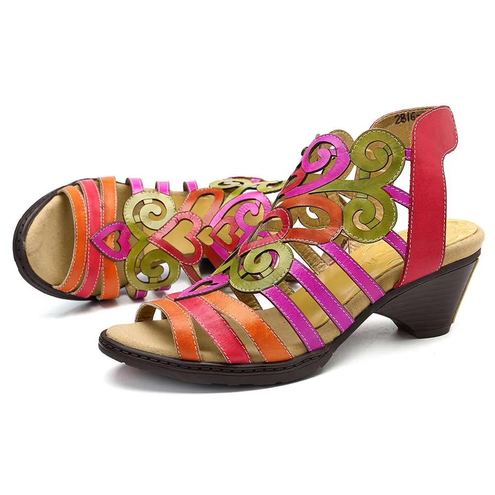 Hollow Sandals Genuine Leather Love Shape Soft Hook Loop Low Heel Sandals Ladies Shoes Women Shoes Elegant High Heels