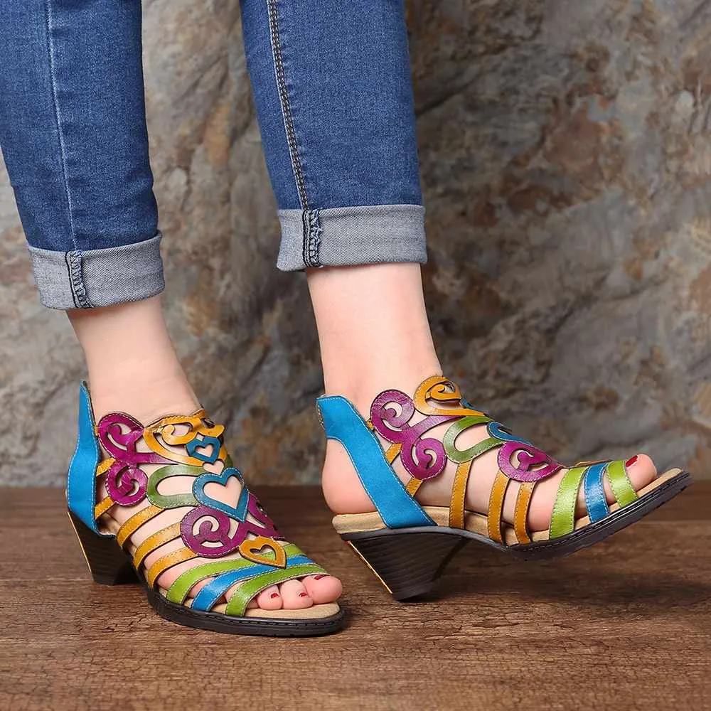 Hollow Sandals Genuine Leather Love Shape Soft Hook Loop Low Heel Sandals Ladies Shoes Women Shoes Elegant High Heels