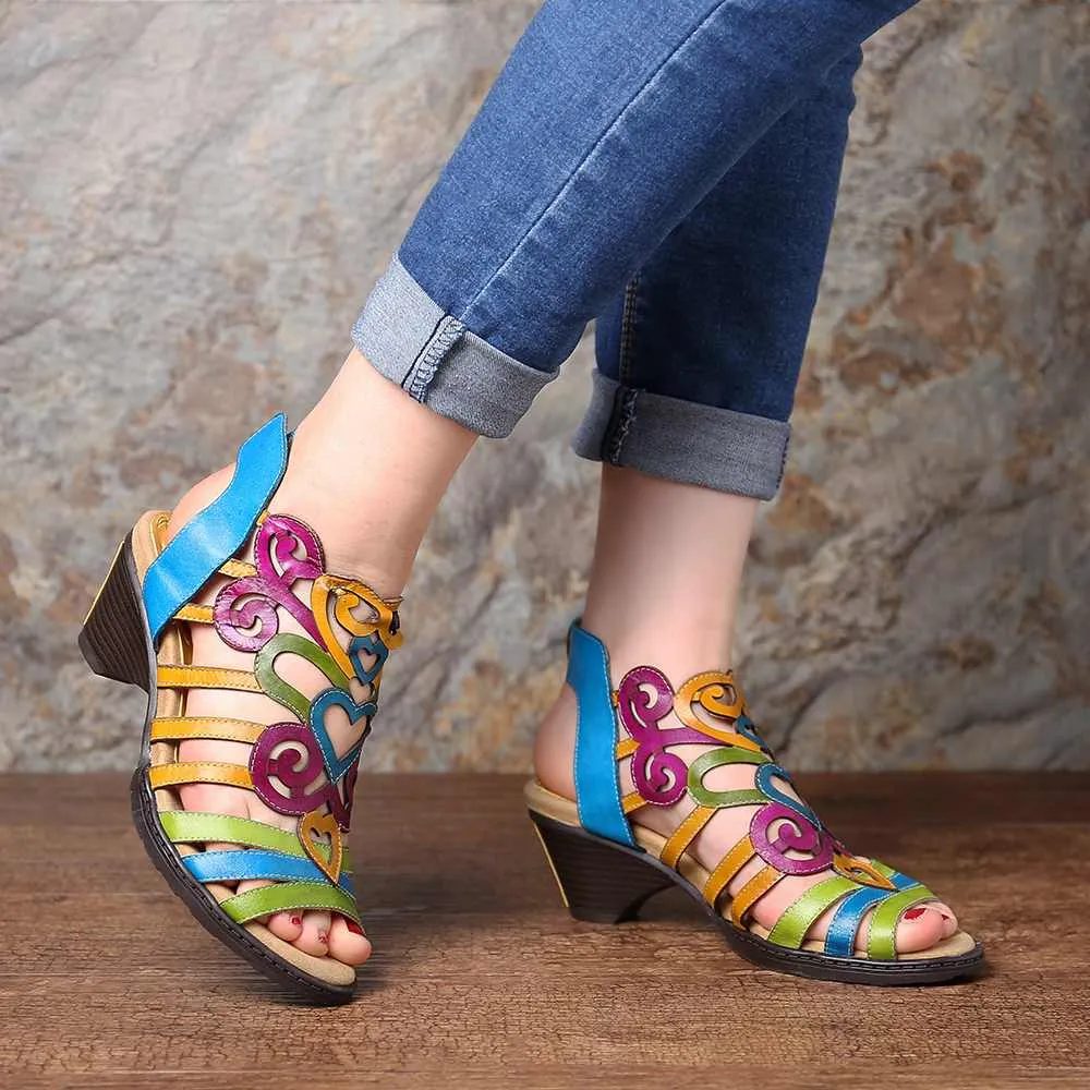 Hollow Sandals Genuine Leather Love Shape Soft Hook Loop Low Heel Sandals Ladies Shoes Women Shoes Elegant High Heels
