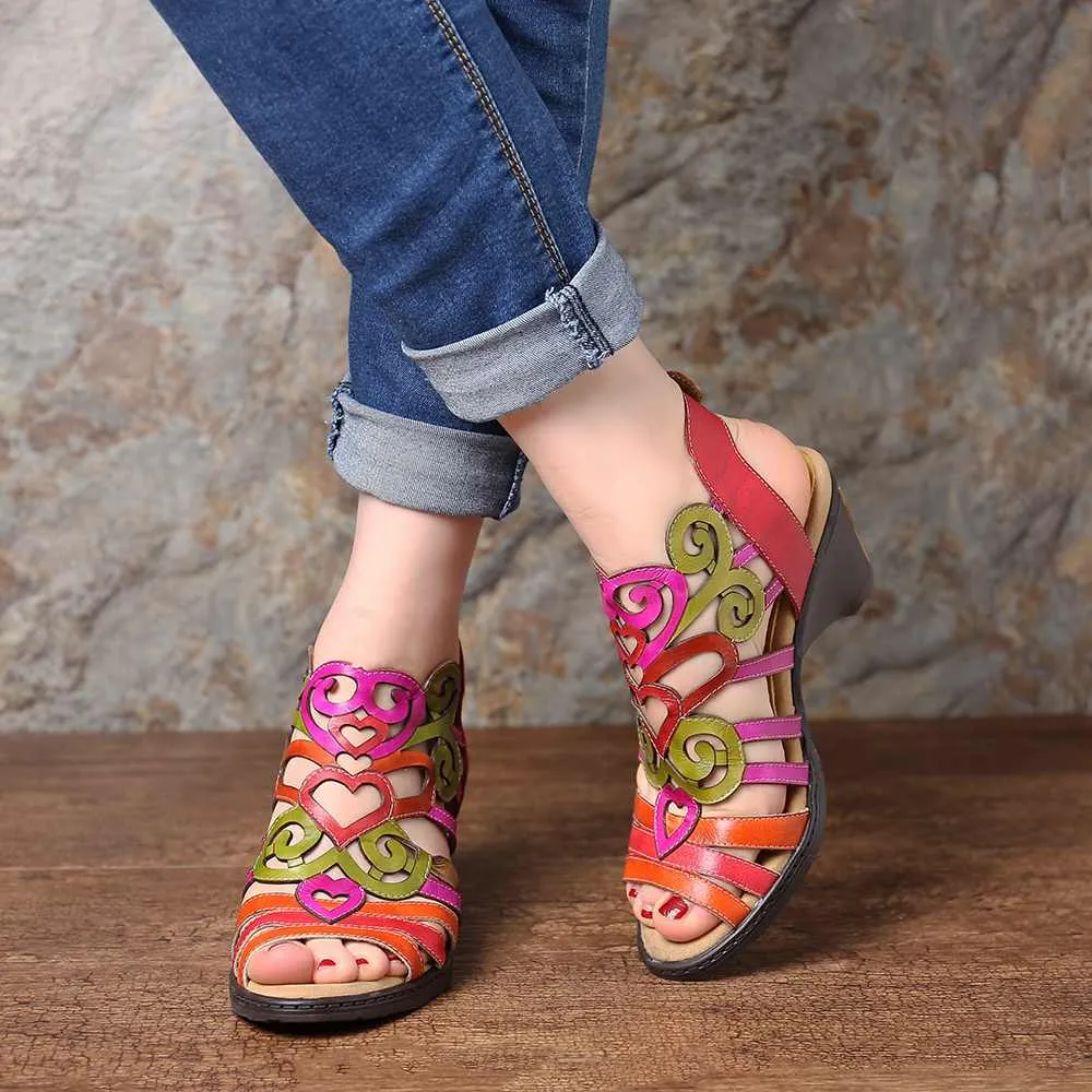 Hollow Sandals Genuine Leather Love Shape Soft Hook Loop Low Heel Sandals Ladies Shoes Women Shoes Elegant High Heels