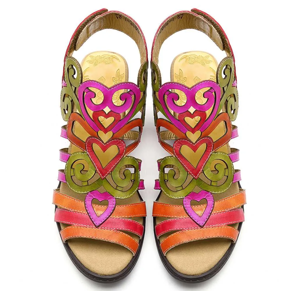 Hollow Sandals Genuine Leather Love Shape Soft Hook Loop Low Heel Sandals Ladies Shoes Women Shoes Elegant High Heels