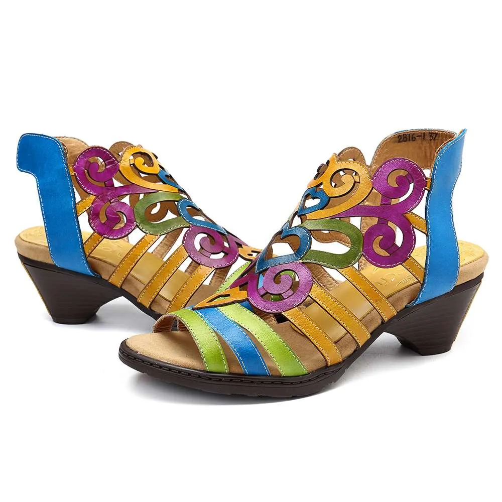 Hollow Sandals Genuine Leather Love Shape Soft Hook Loop Low Heel Sandals Ladies Shoes Women Shoes Elegant High Heels