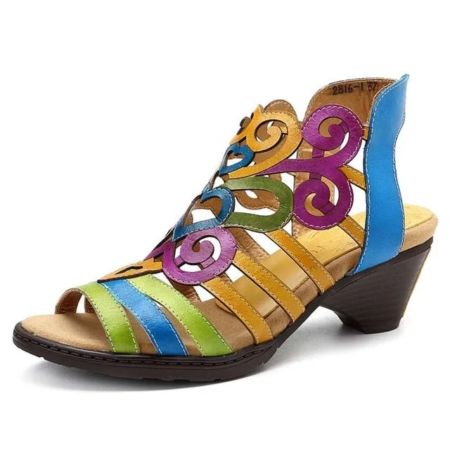 Hollow Sandals Genuine Leather Love Shape Soft Hook Loop Low Heel Sandals Ladies Shoes Women Shoes Elegant High Heels