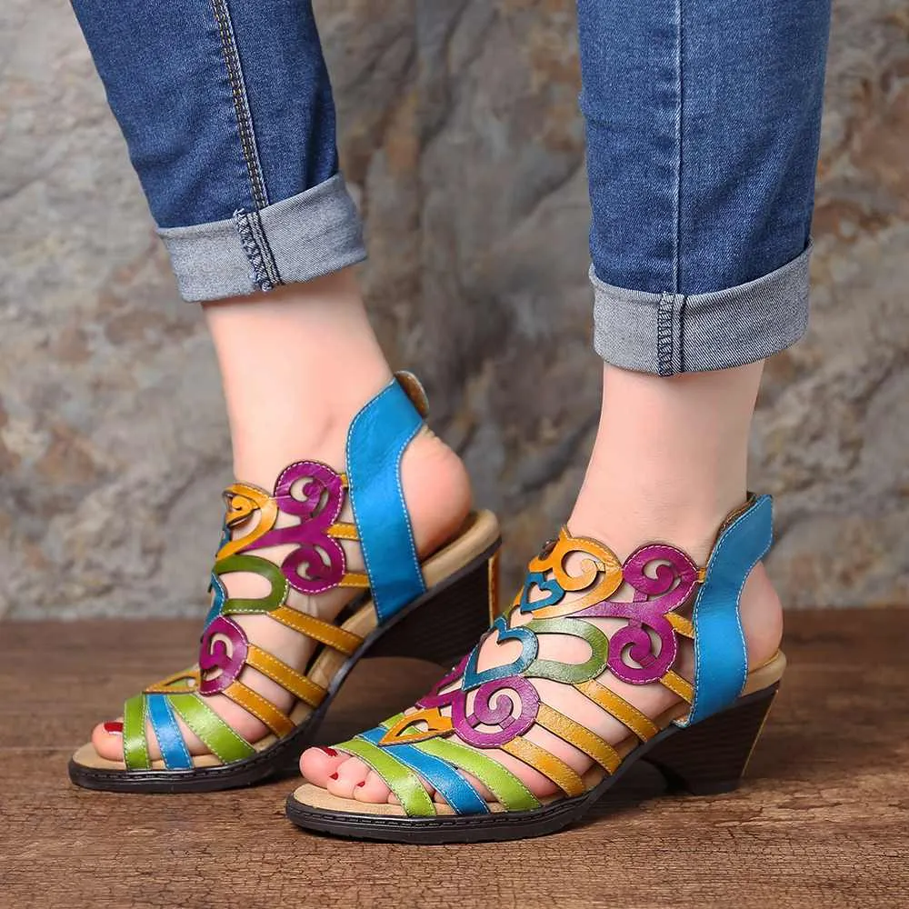 Hollow Sandals Genuine Leather Love Shape Soft Hook Loop Low Heel Sandals Ladies Shoes Women Shoes Elegant High Heels