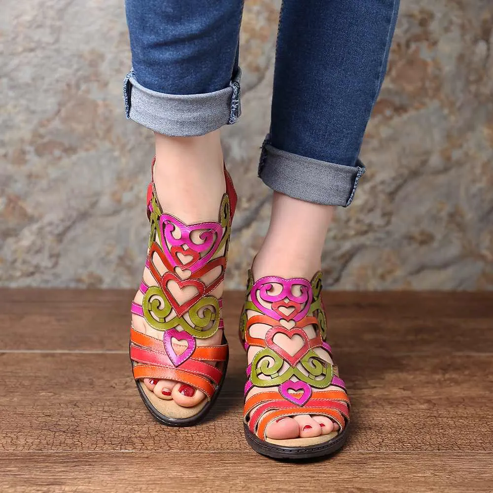 Hollow Sandals Genuine Leather Love Shape Soft Hook Loop Low Heel Sandals Ladies Shoes Women Shoes Elegant High Heels