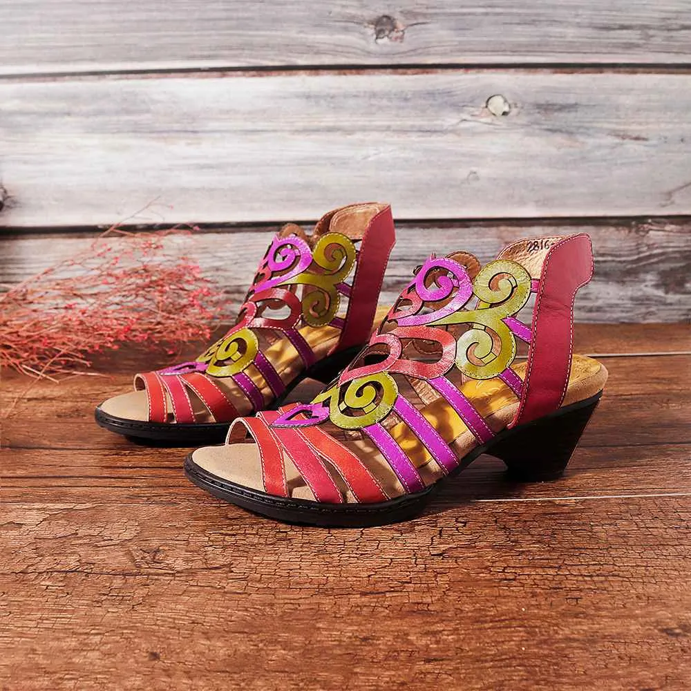 Hollow Sandals Genuine Leather Love Shape Soft Hook Loop Low Heel Sandals Ladies Shoes Women Shoes Elegant High Heels