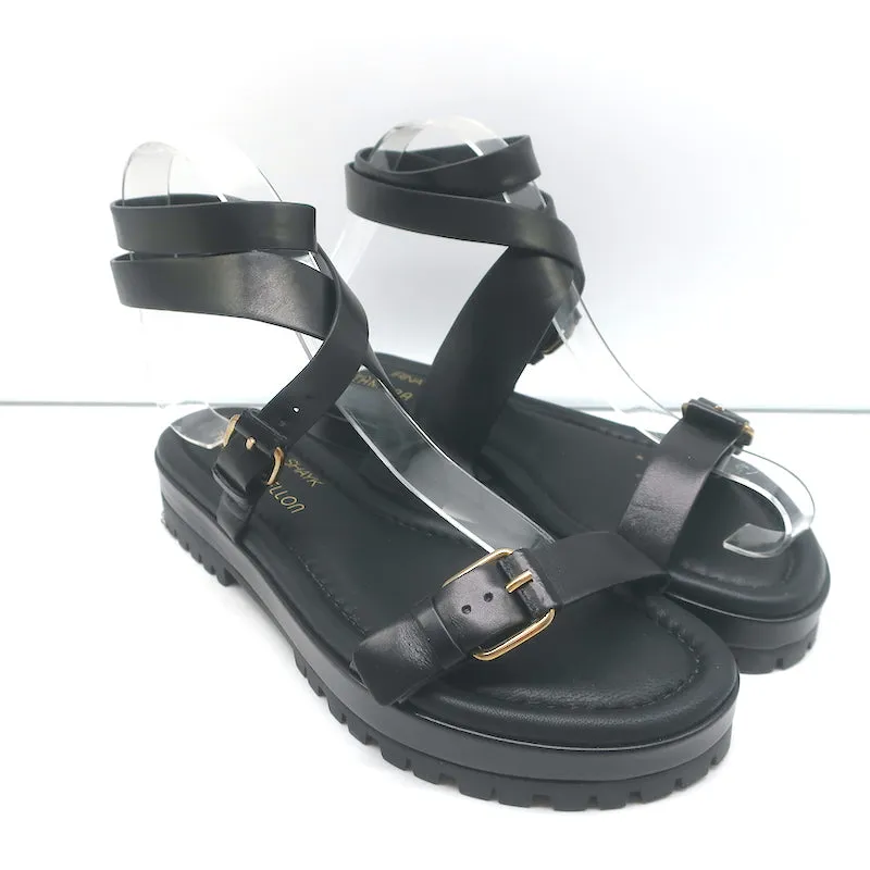 Irina Shayk x Tamara Mellon Sand Dune Ankle Strap Sandals Black Leather Size 37