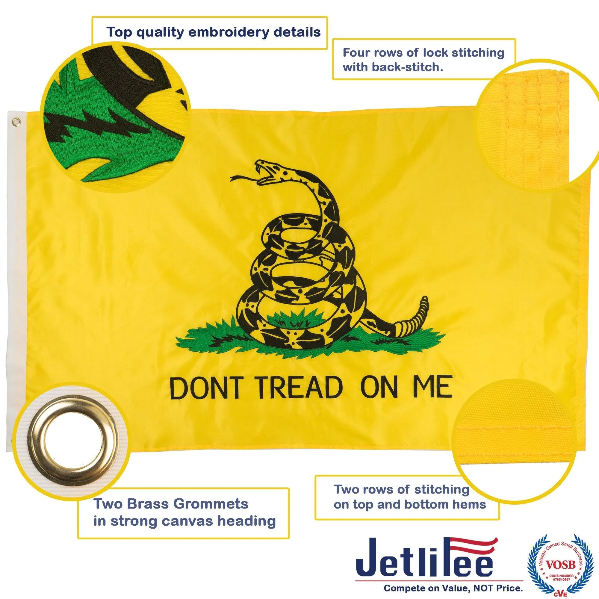 Jetlifee 3x5 Ft Embroidery Gadsden Don't Tread On Me Flag