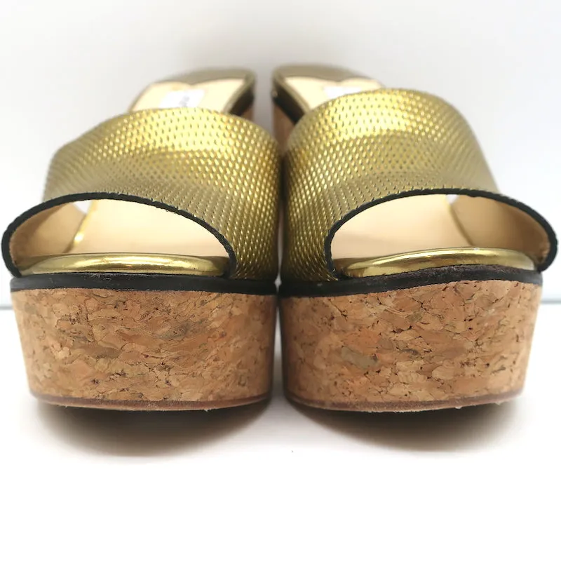 Jimmy Choo Deedee 125 Cork Platform Sandals Gold Metallic Leather Size 36 NEW