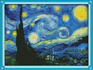 Joy Sunday Cross Stitch Kits Sewing Patterns Starry Night of Van Gogh 11CT Stamped DMC Printed Fabric Cross-Stitch Hand Embroidery Kit 23'' x18''