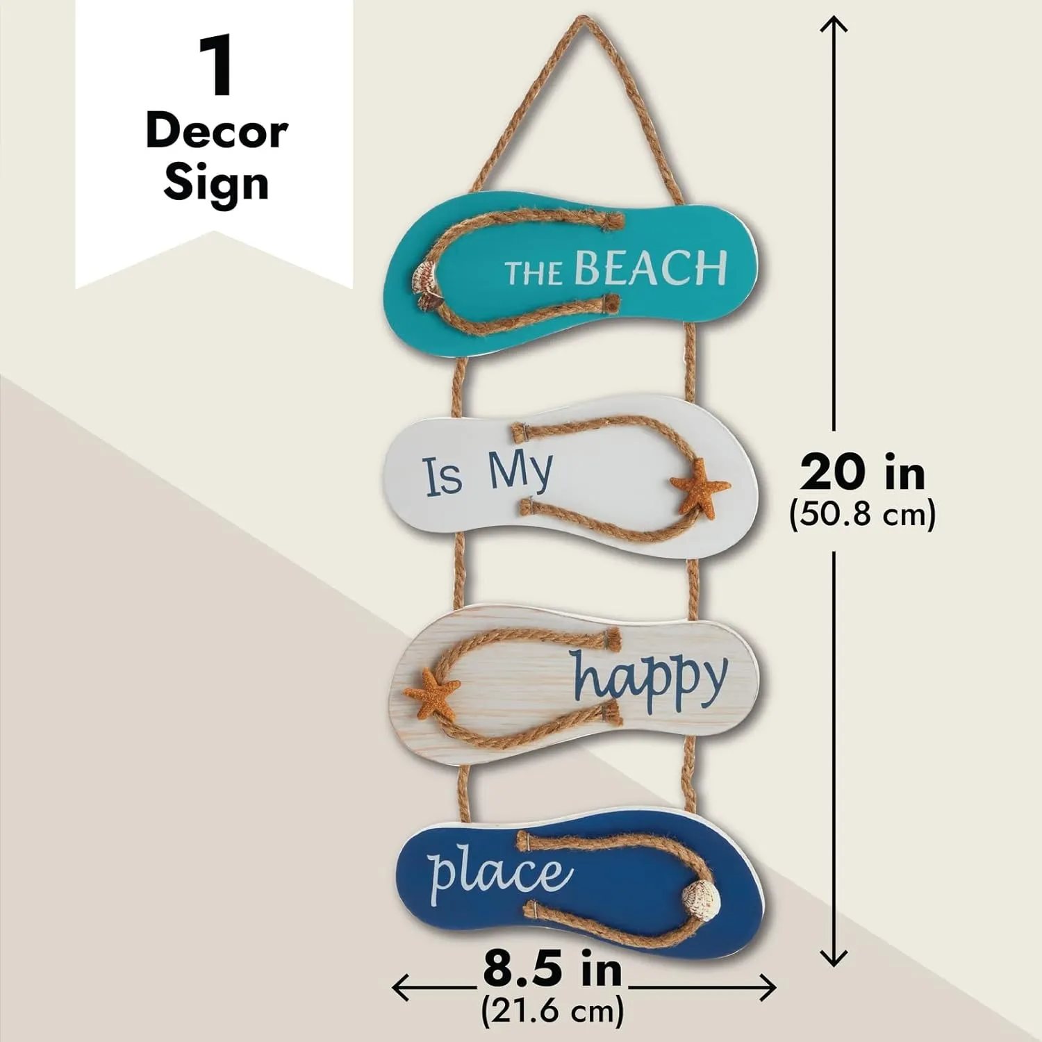Juvale Wooden Beach Wall Hanging Decor Sign, Flip Flop Coastal Decorations for Home, Bathroom, Living Room, Bedroom and Dining Room, The Beach is My Happy Place (8.7x20.9 In)