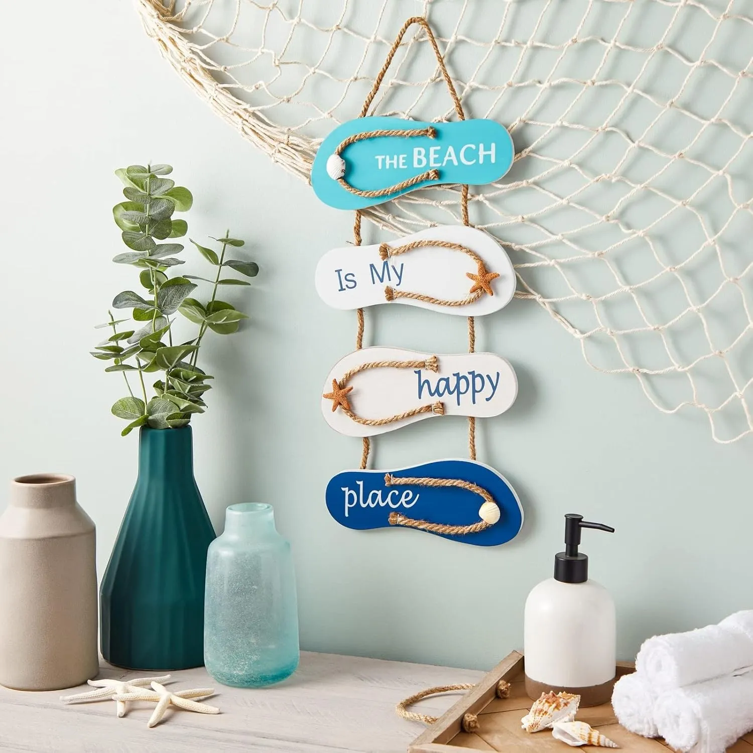 Juvale Wooden Beach Wall Hanging Decor Sign, Flip Flop Coastal Decorations for Home, Bathroom, Living Room, Bedroom and Dining Room, The Beach is My Happy Place (8.7x20.9 In)