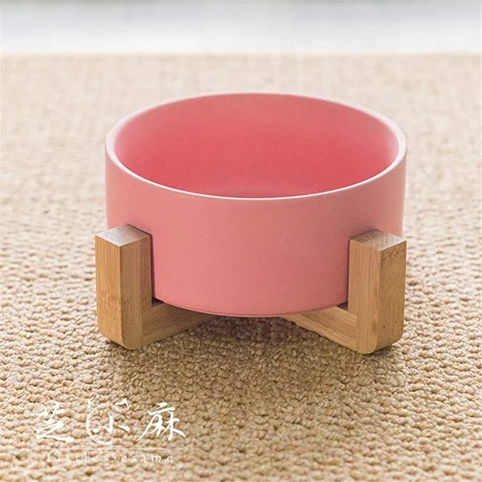 Large Capacity Pet Ceramic Feeding Bowl with Wood Frame for Cat Dog Food Gray