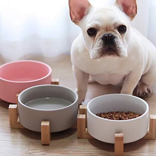 Large Capacity Pet Ceramic Feeding Bowl with Wood Frame for Cat Dog Food Gray