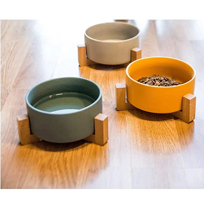 Large Capacity Pet Ceramic Feeding Bowl with Wood Frame for Cat Dog Food Gray