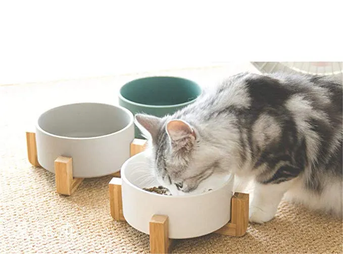 Large Capacity Pet Ceramic Feeding Bowl with Wood Frame for Cat Dog Food Gray