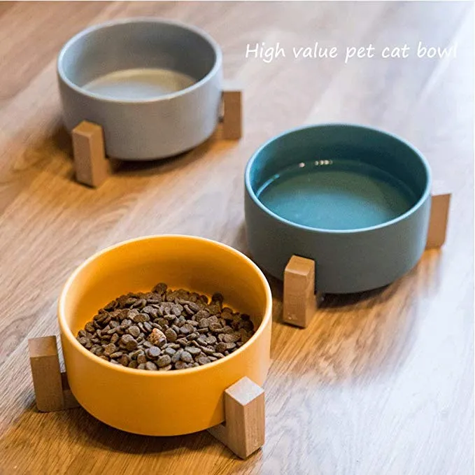 Large Capacity Pet Ceramic Feeding Bowl with Wood Frame for Cat Dog Food Gray