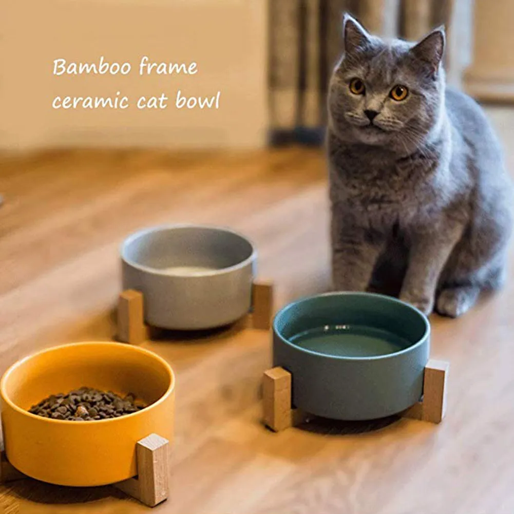 Large Capacity Pet Ceramic Feeding Bowl with Wood Frame for Cat Dog Food Gray