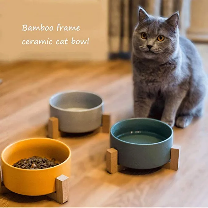 Large Capacity Pet Ceramic Feeding Bowl with Wood Frame for Cat Dog Food Gray