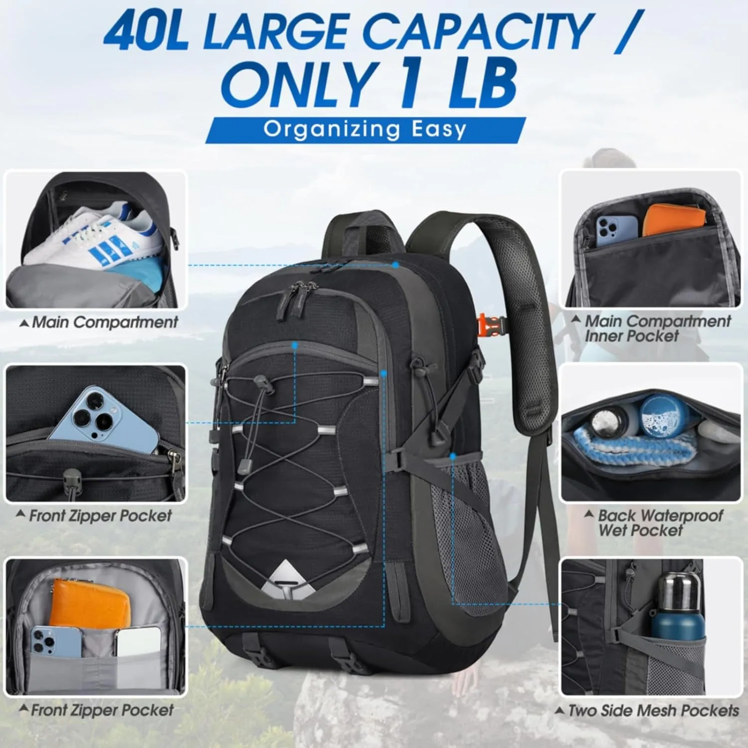 Lightweight Camping Hiking Backpack 40L,  Waterproof Outdoor Travel Backpack