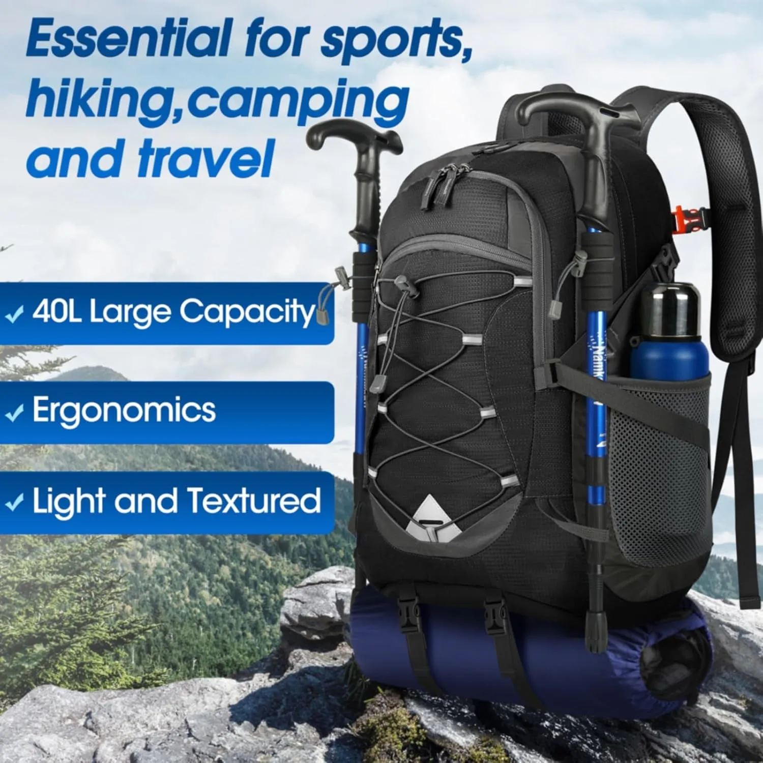 Lightweight Camping Hiking Backpack 40L,  Waterproof Outdoor Travel Backpack