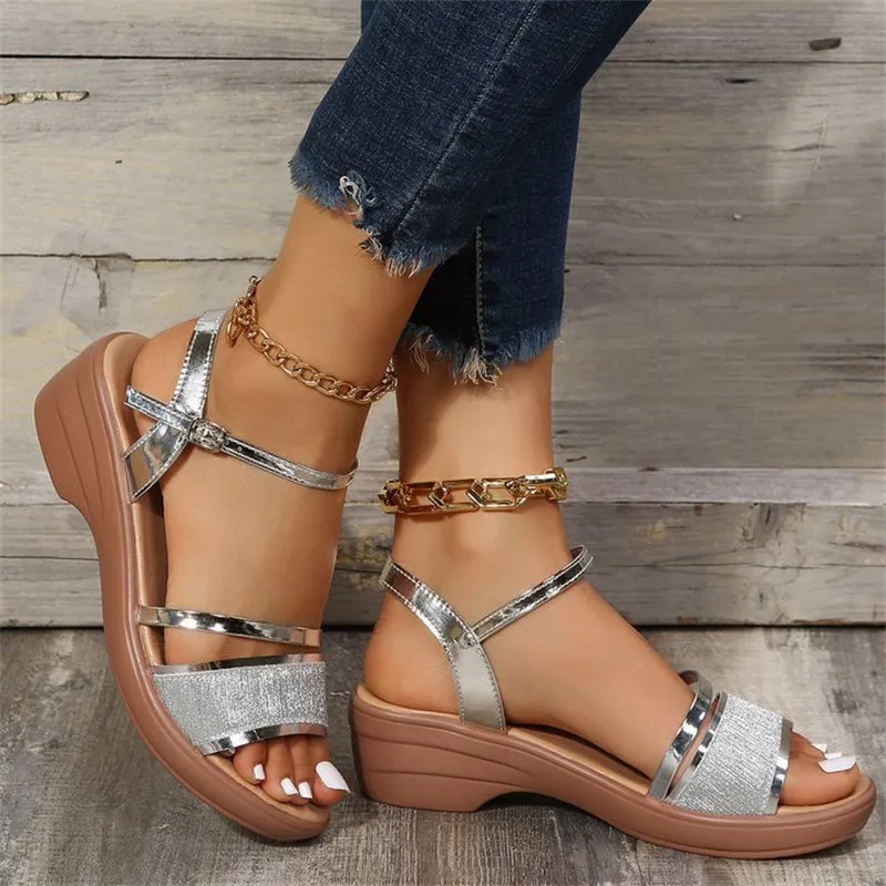 Luxury Glitter Ankle Strap Wedge Sandals for Women