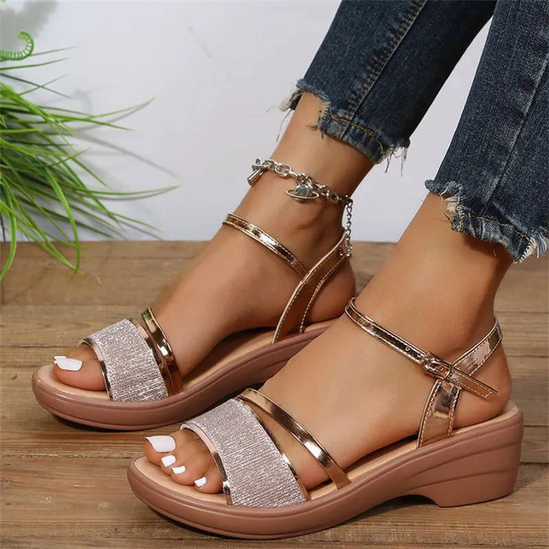 Luxury Glitter Ankle Strap Wedge Sandals for Women